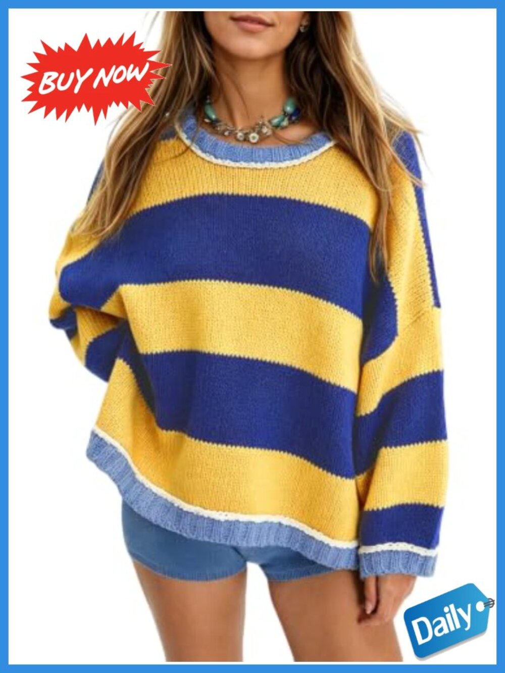 Oversized Striped Chunky Knit Crewneck Sweater Cotton Acrylic Pullover